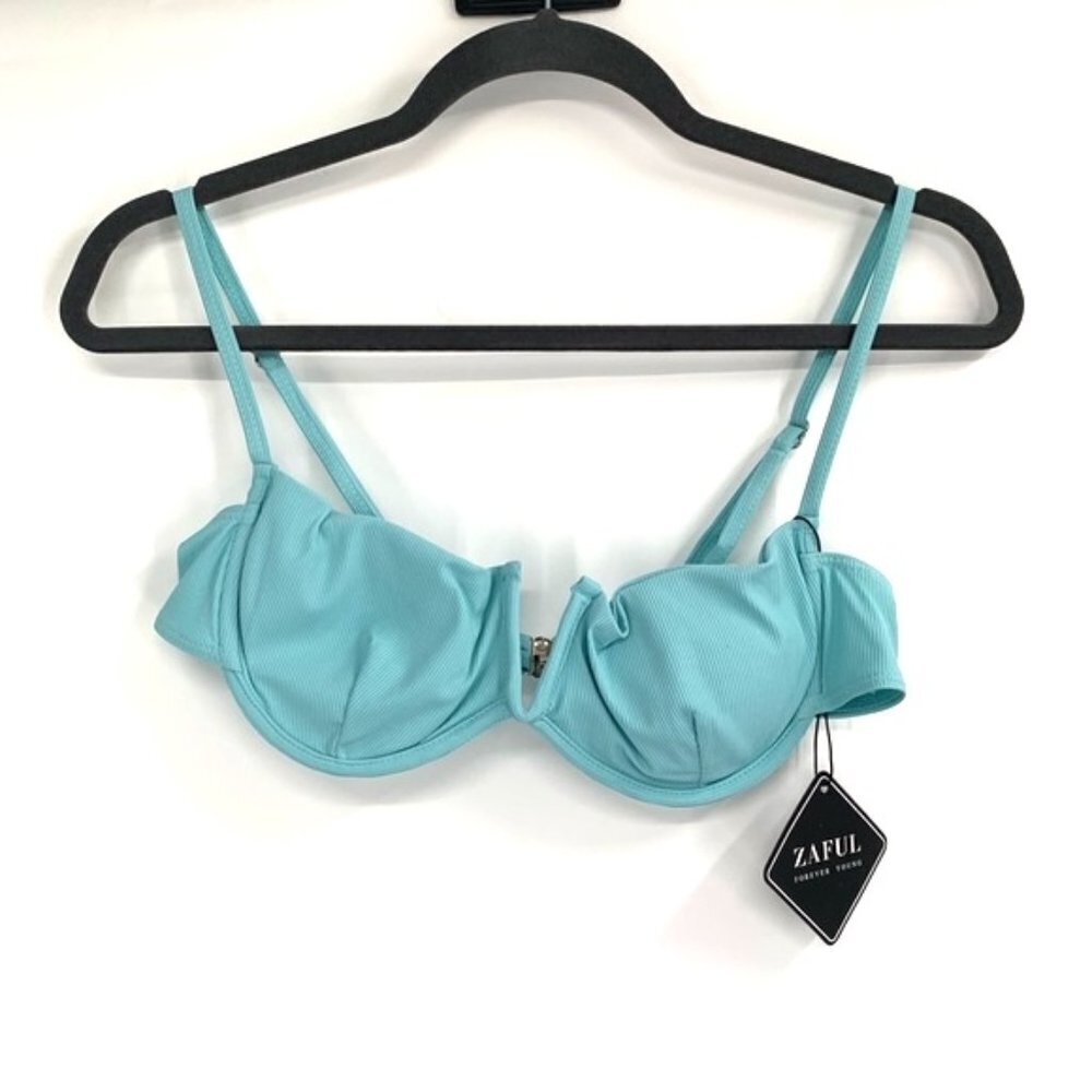 ZAFUL Blue Ribbed Bikini Top Underwire Scoop NWT Swimsuit L